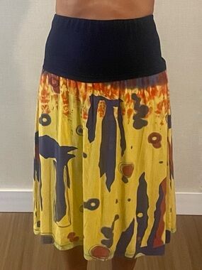 Strapless Yellow Abstract Print Dress/Skirt with Navy Blue Waistband